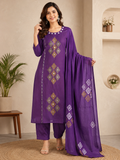 Elegant Royal Purple Pure Cotton Suit Set With Mirror Hand Work
