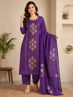 Elegant Royal Purple Pure Cotton Suit Set With Mirror Hand Work
