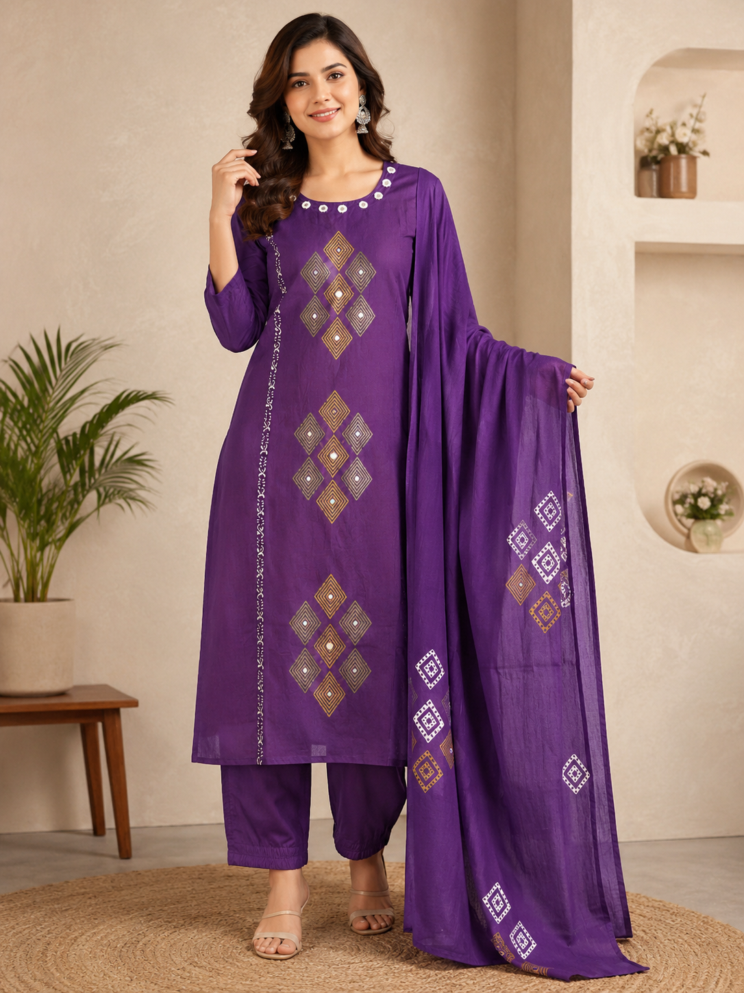 Elegant Royal Purple Pure Cotton Suit Set With Mirror Hand Work