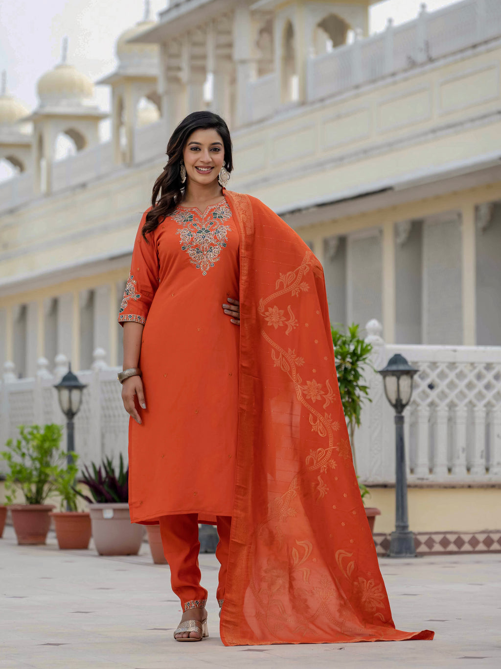 Women’s Orange Roman Silk Party Wear Suit Set