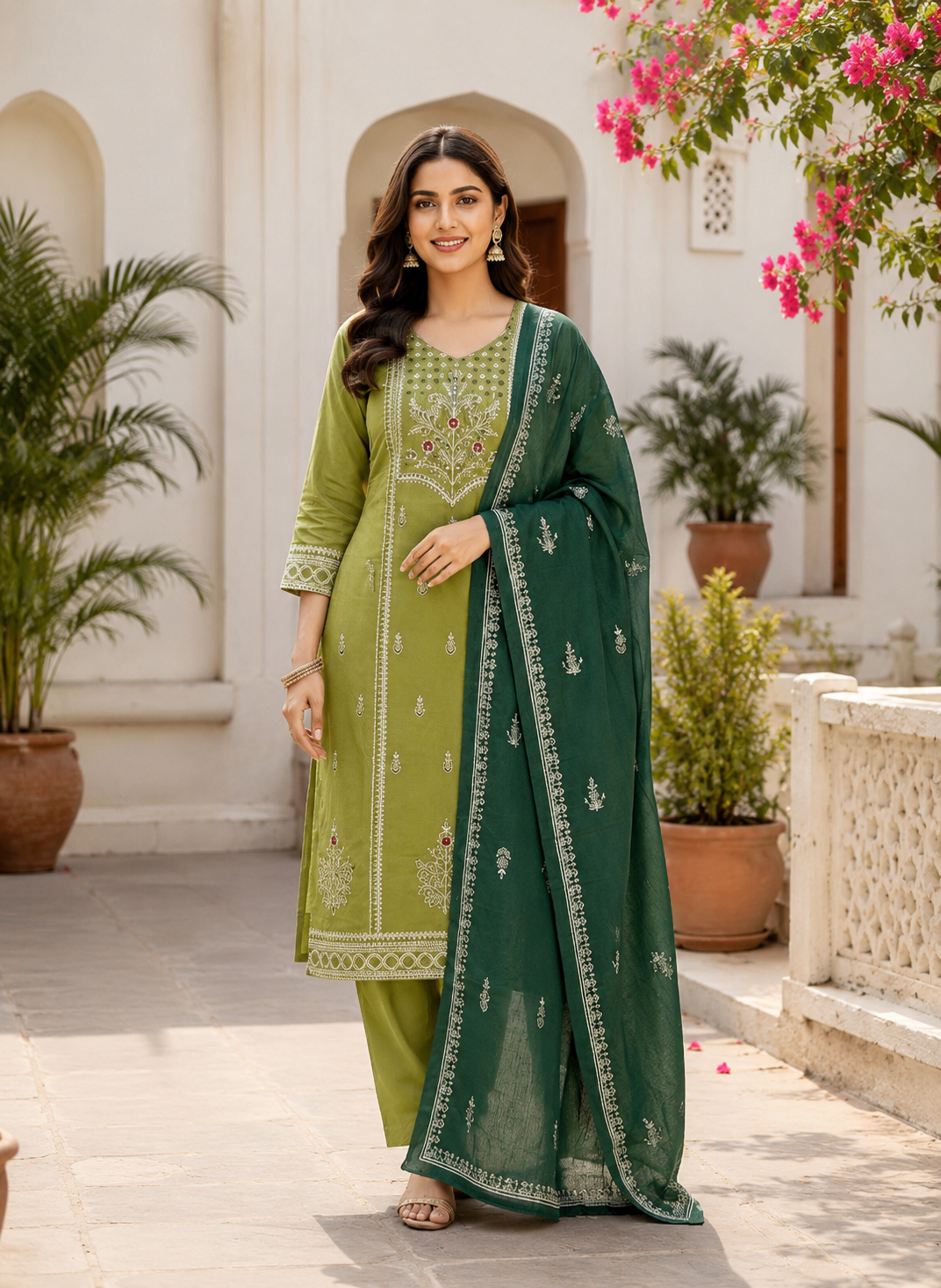 Elegant Green Hand Block Printed Pure Cotton Suit Set