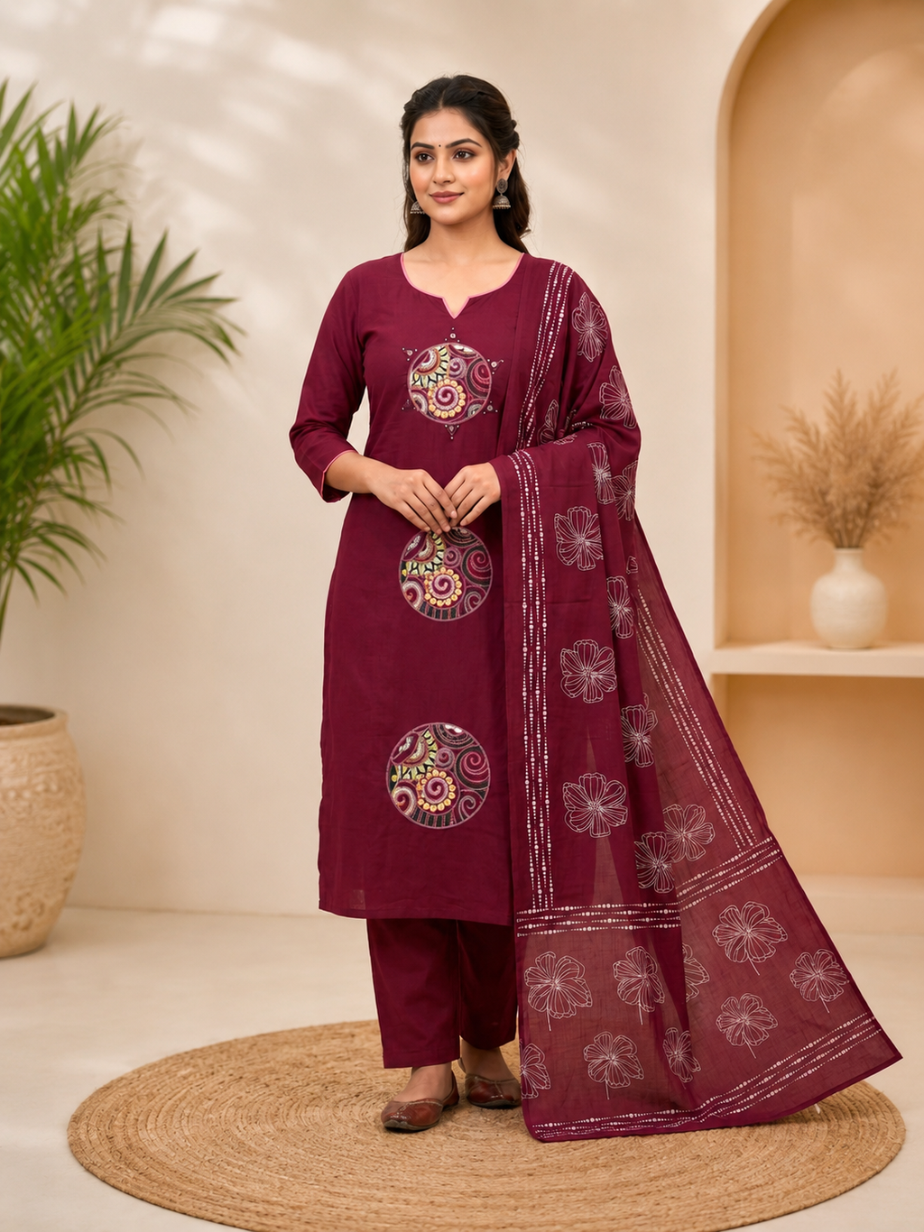 Wine Pure Cotton Embroidery Kurta Pant Set With Mandala Patchwork