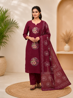 Wine Pure Cotton Embroidery Kurta Pant Set With Mandala Patchwork