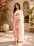 Catchy Peach Blossom Pure Linen Cotton Embroidered Suit Set