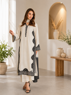 Ivory Biscuit Slub Monochrome Threadwork Kurta Set