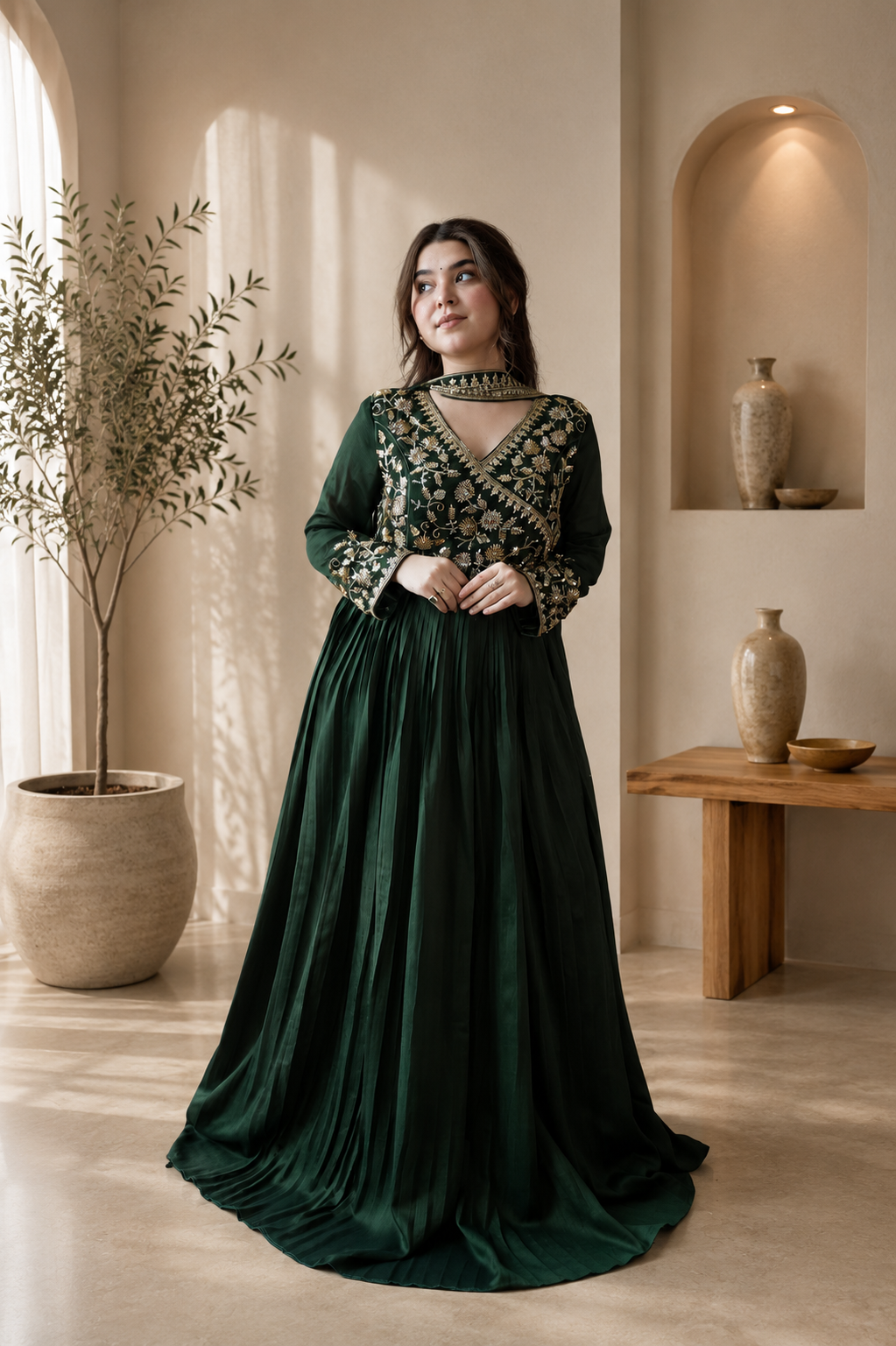 Green Blooming Vichitra Silk Embroidered Anarkali Gown
