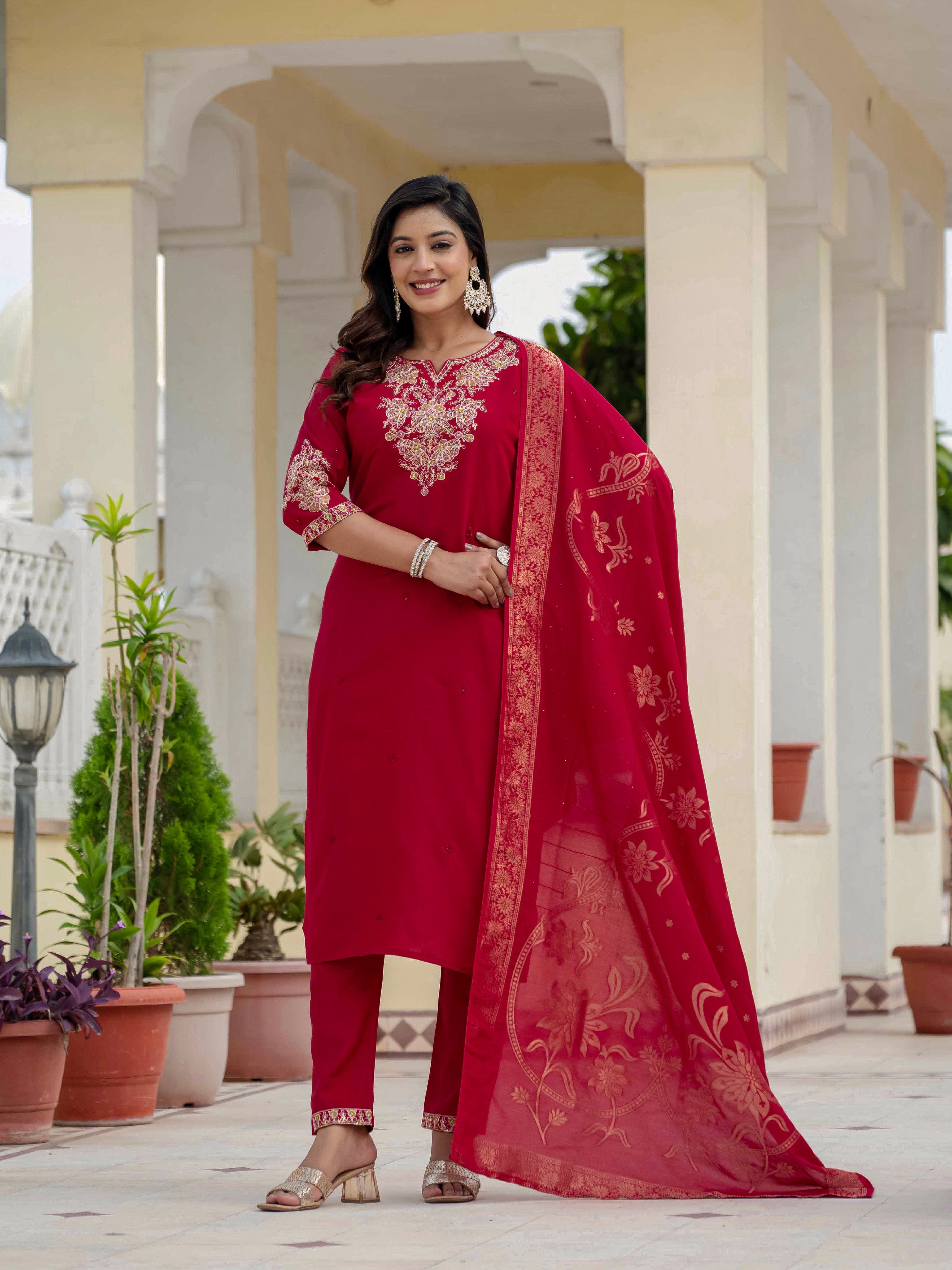 Luxury Roman Silk Embroidered Ethnic Suit Set