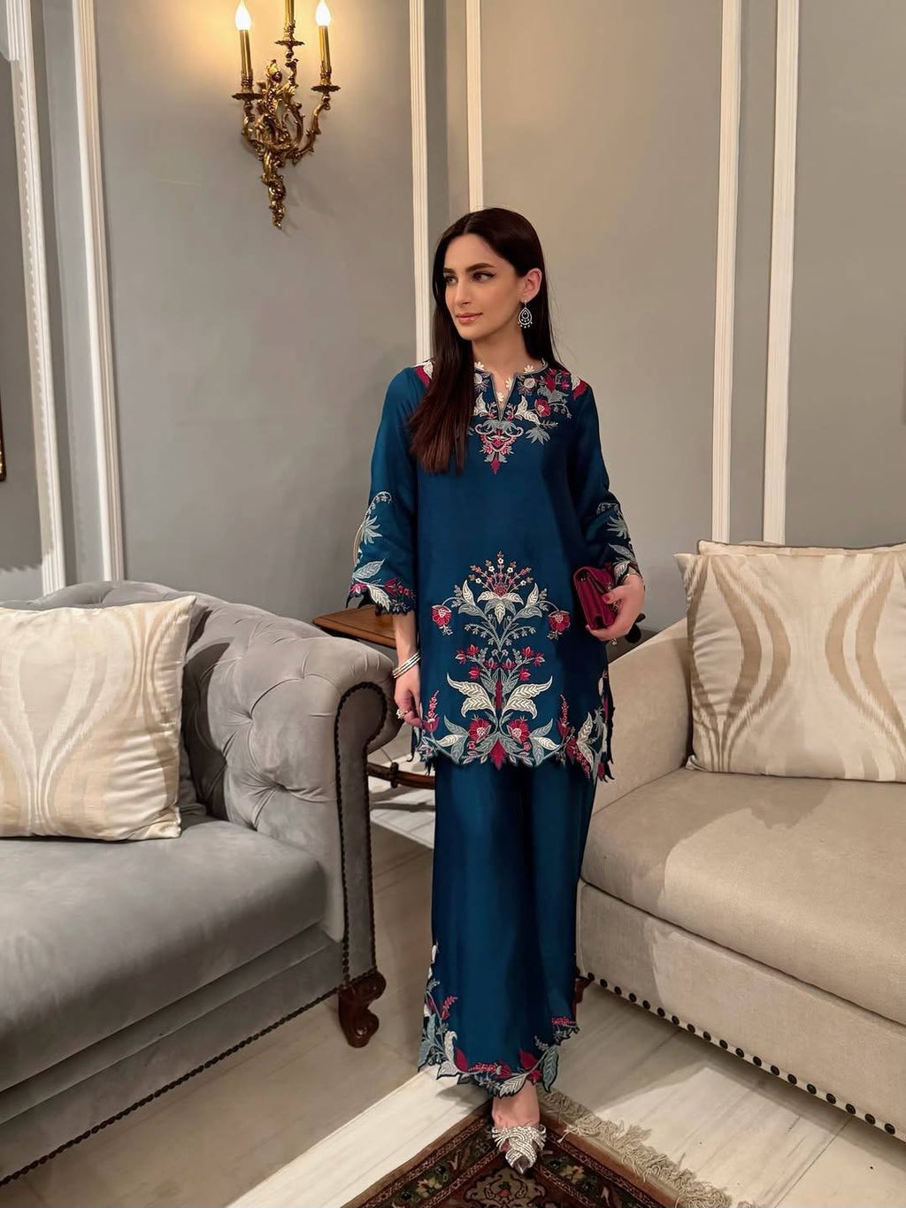 Premium Teal Blue French Crepe Embroidered Co-ord Set