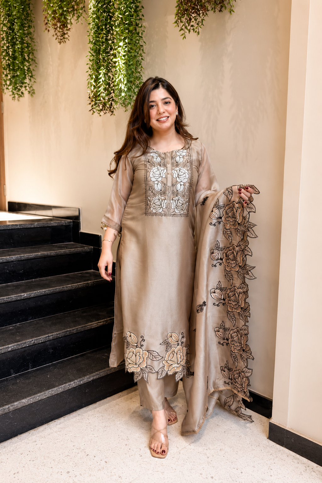 New Designer Jimmy Choo Silk Embroidered Suit Set with Dupatta