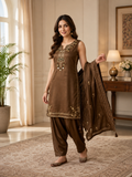 Chocolate Brown Coss Moss Salwar Suit Set with Sequin Embroidery