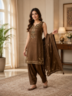 Chocolate Brown Coss Moss Salwar Suit Set with Sequin Embroidery