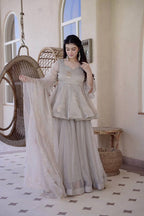 Very Attractive Grey Tabby Silk Sharara Suit with Foil Work