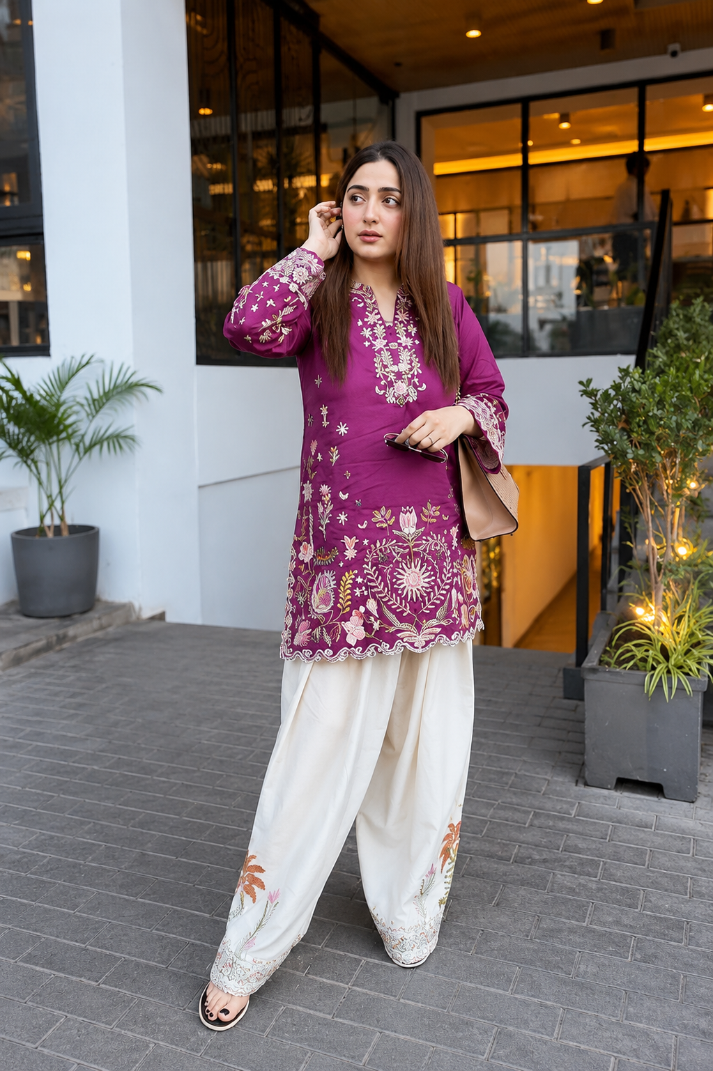 Very Attractive Magenta Floral Embroidered French Crepe Tunic Set
