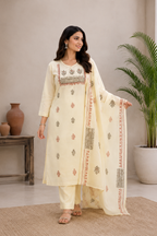Ivory Cream Pure Cotton Hand Block Print Kurta Pant Set