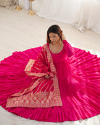 Pink Roman Silk Anarkali Suit Set with Woven Banarasi Dupatta