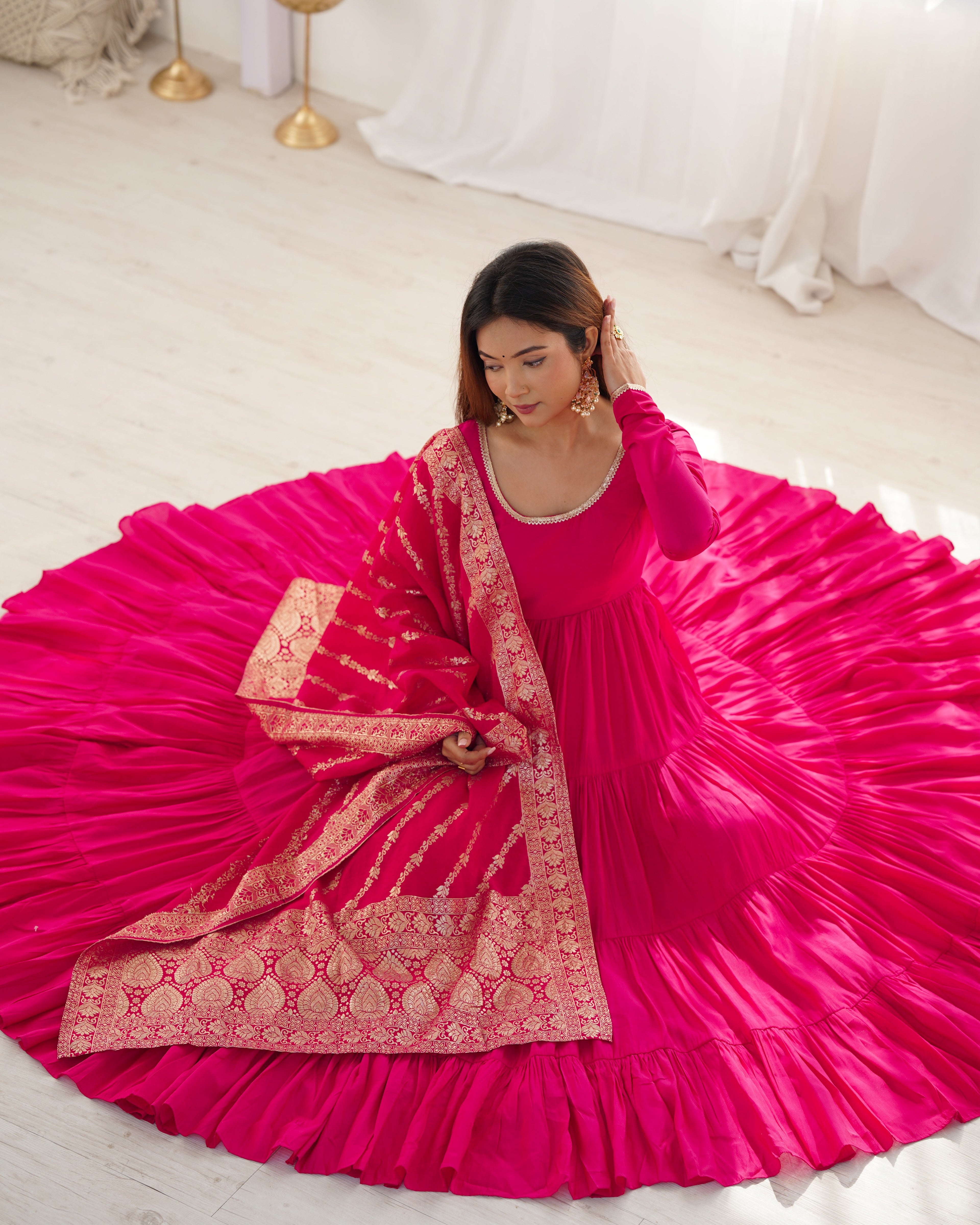 Pink Roman Silk Anarkali Suit Set with Woven Banarasi Dupatta