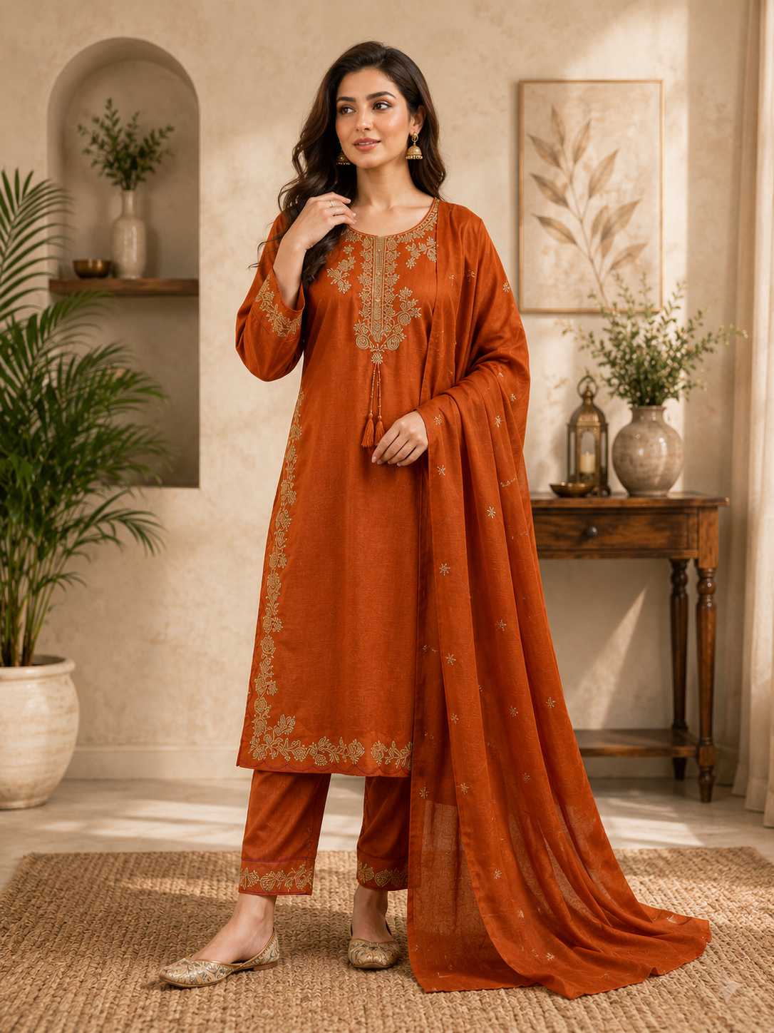 Elegant Orange Embroidered Roman Silk Suit Set with Dupatta