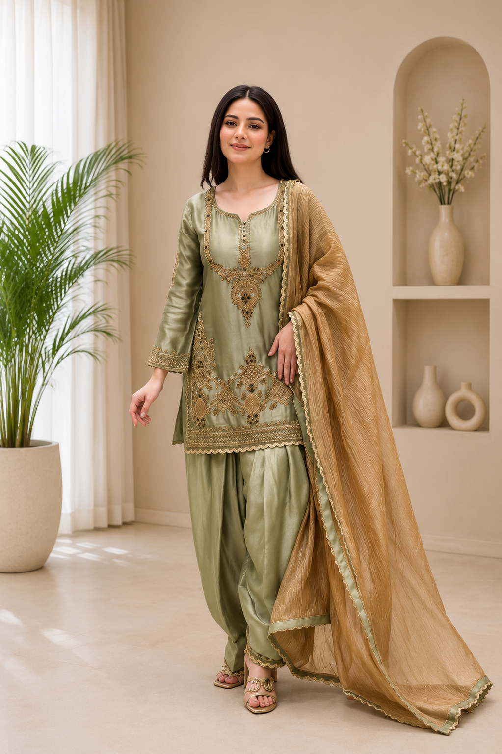 Premium Designer Sage Green Glass Satin Punjabi Salwar Suit Set