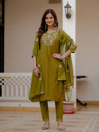 Women’s Olive Green Mango Silk Embroidered Suit Set