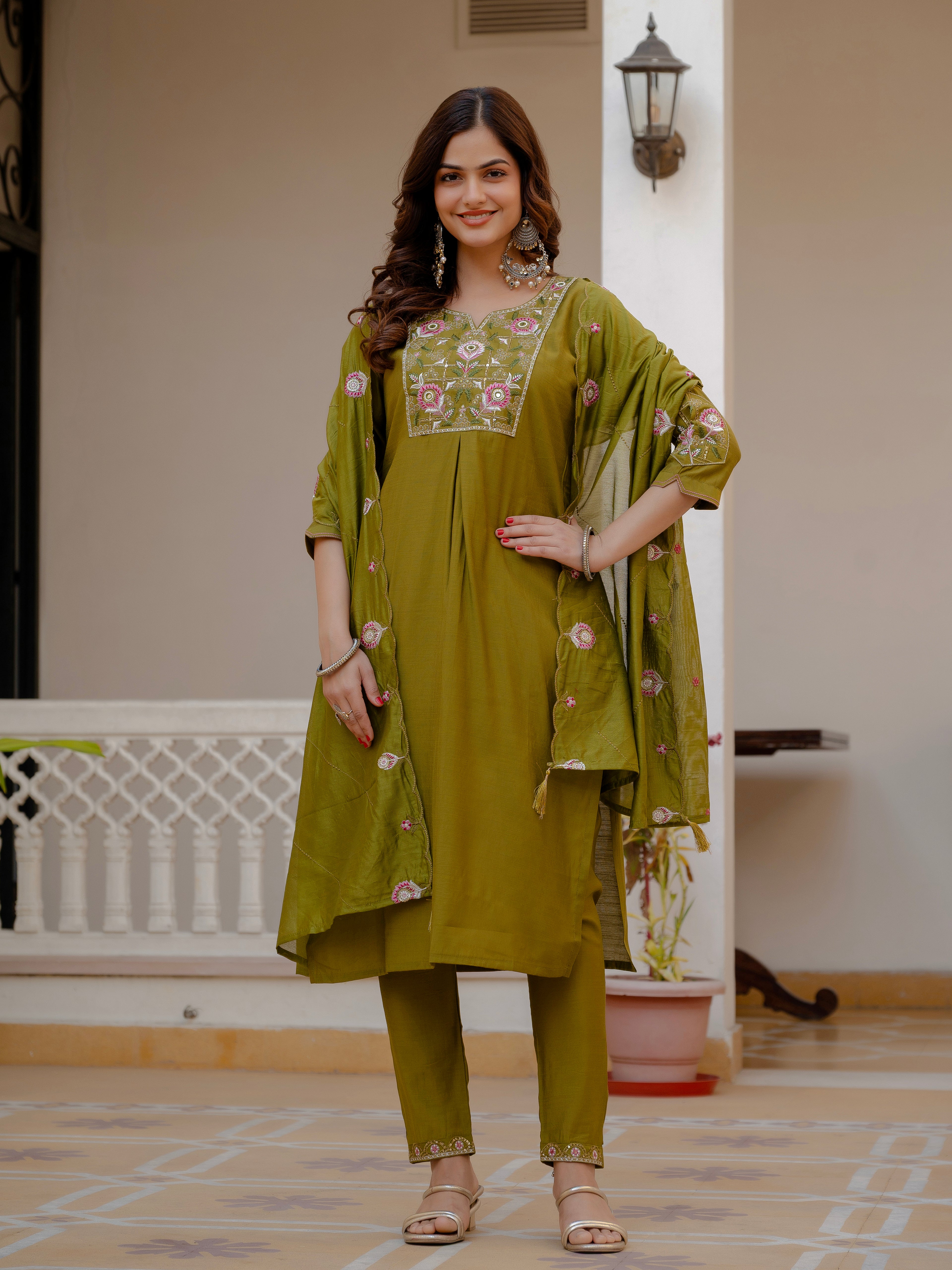 Women’s Olive Green Mango Silk Embroidered Suit Set