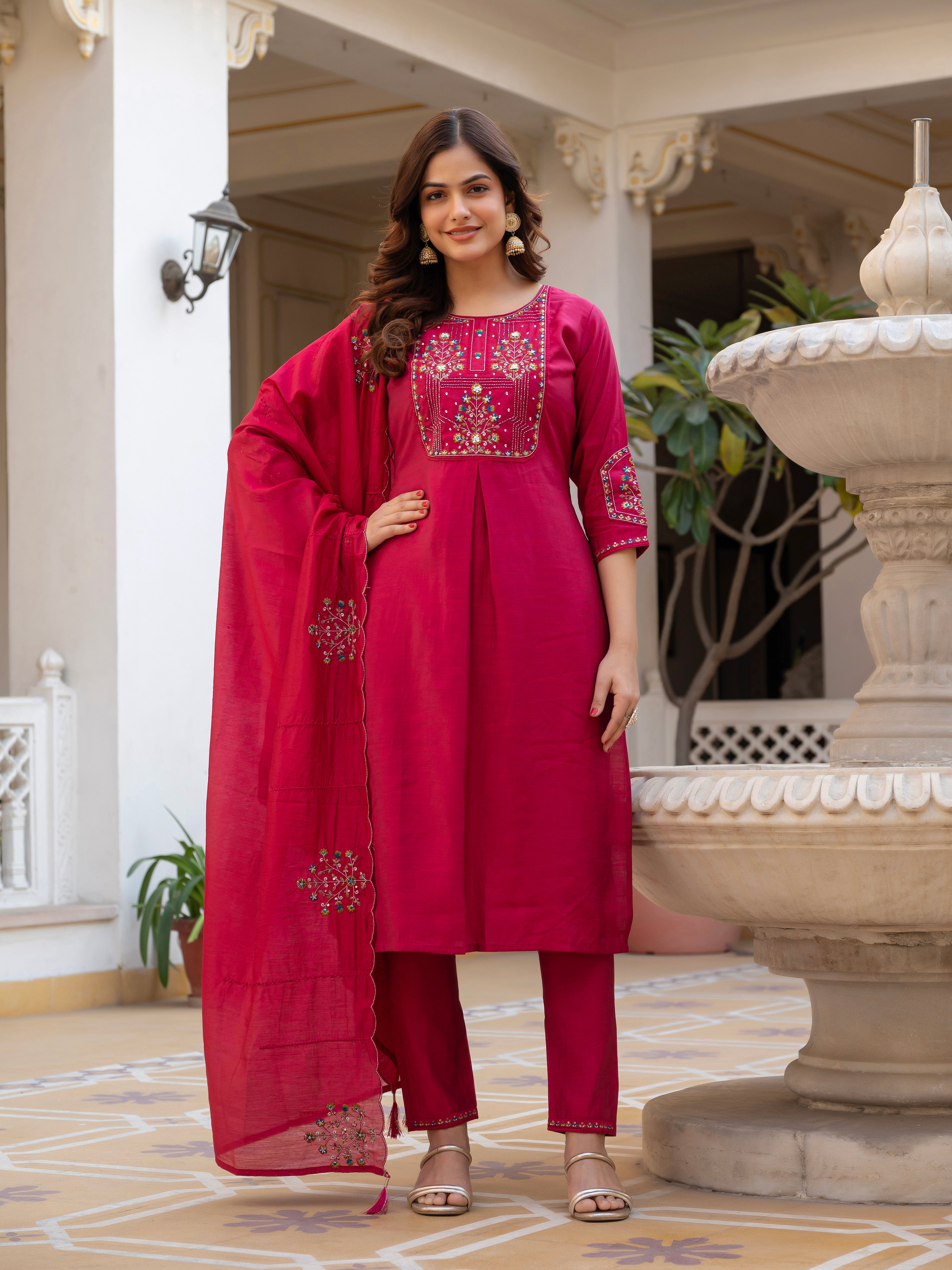 Pink Mango Silk Traditional Dress with Embroidered Dupatta