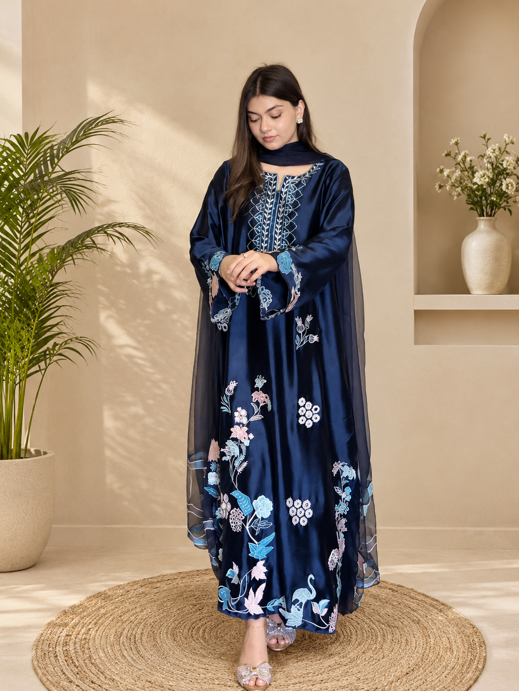 Navy Blue Floral Thread Work Jura Silk Kaftan-Style Kurta Set