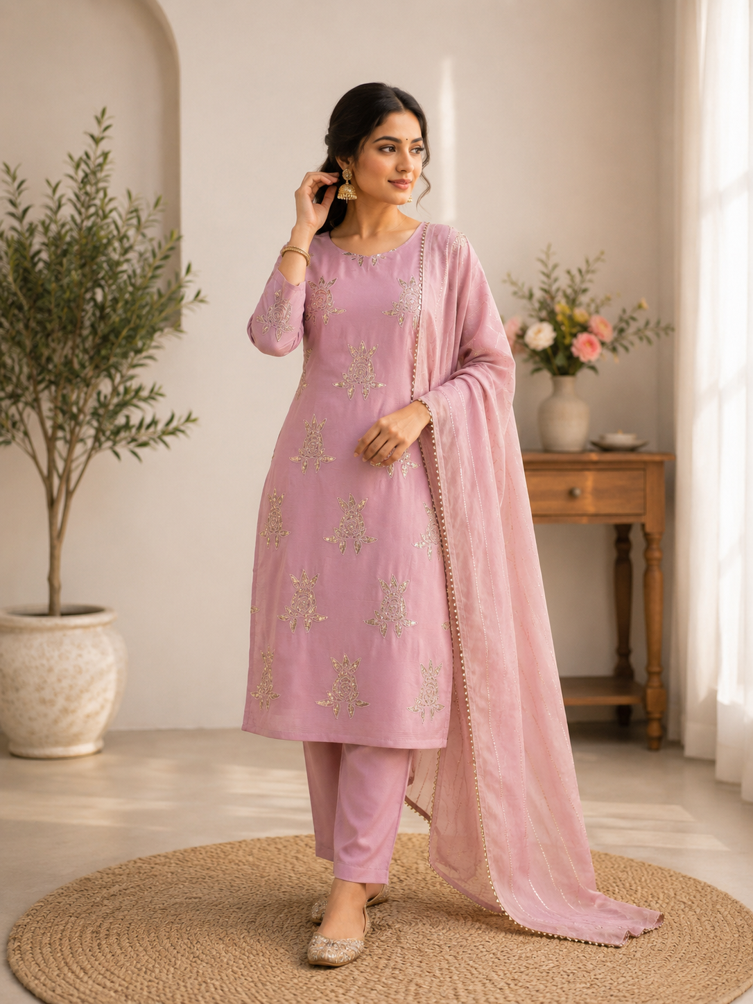 Elegant Pink Chinon 3-Piece Festive Salwar Suit Set with Sequin Work