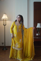 Designer Mustard Yellow Embroidered Fox Georgette Suit Set