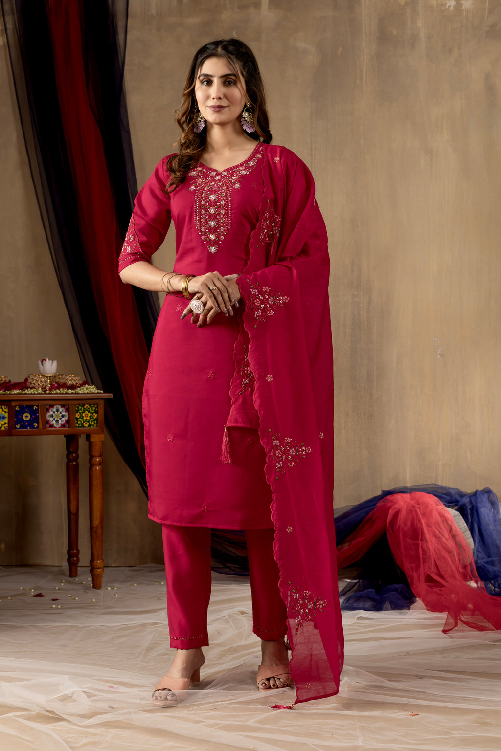 Premium Roman Silk Multi Embroidered Suit Set
