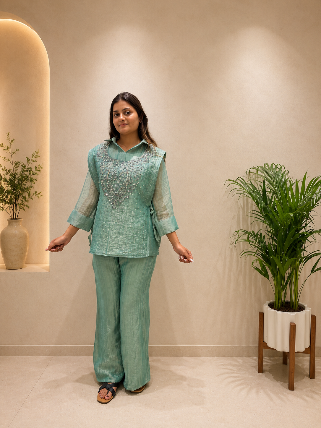Very Beautiful Sage Green Salsa Silk HandWork Co-Ord Set