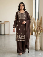 Very Attractive Brown Premium Rayon Embroidery Suit Set Set