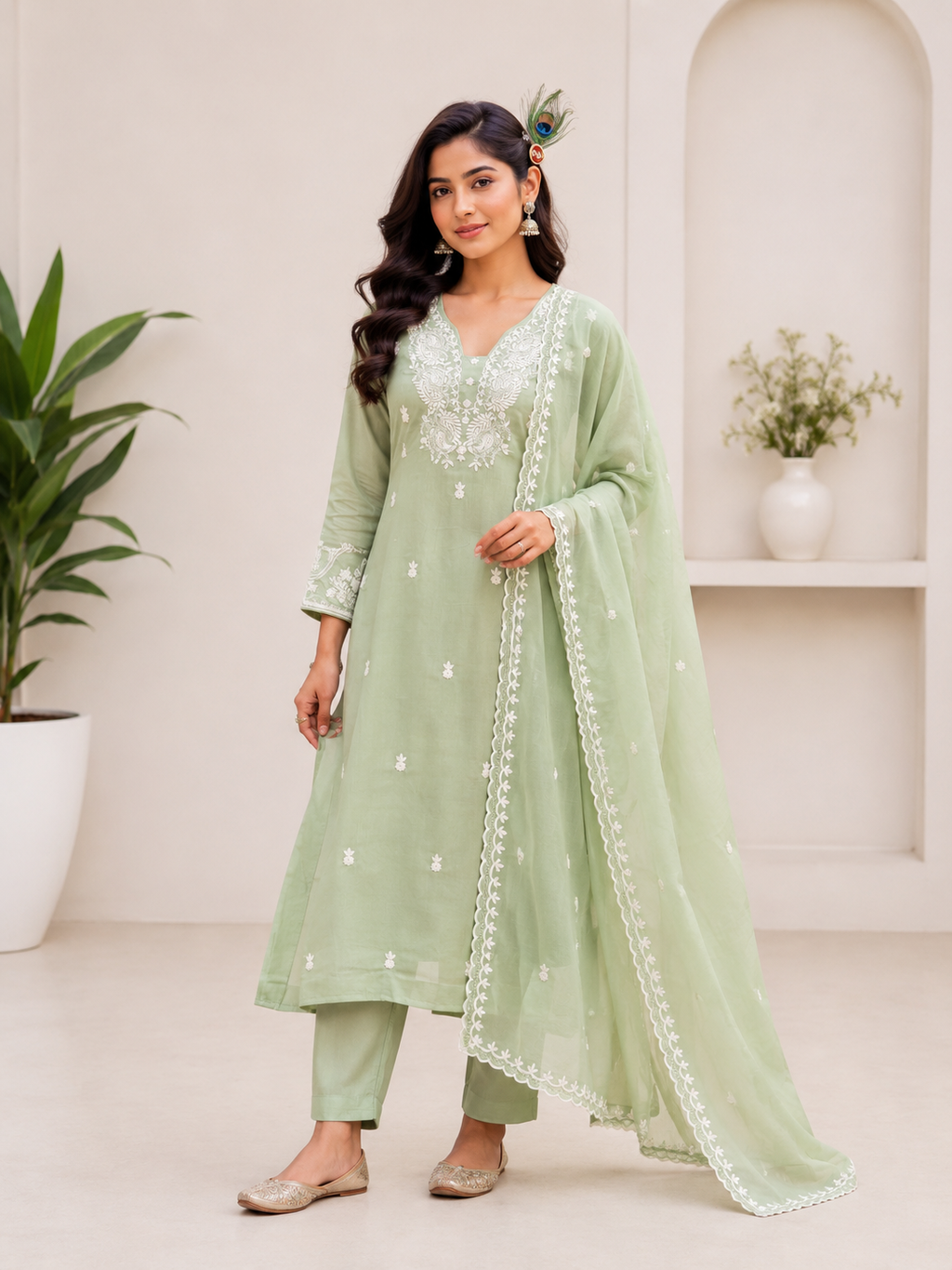 Pista Green Pure Mul Chanderi Embroidered A-Line Suit Set with Dupatta
