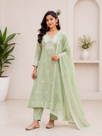 Pista Green Pure Mul Chanderi Embroidered A-Line Suit Set with Dupatta