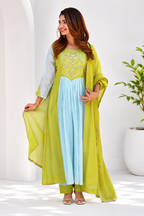 Designer Premium Lime Green & Pastel Blue Pure Mul Chanderi Embroidered Suit Set