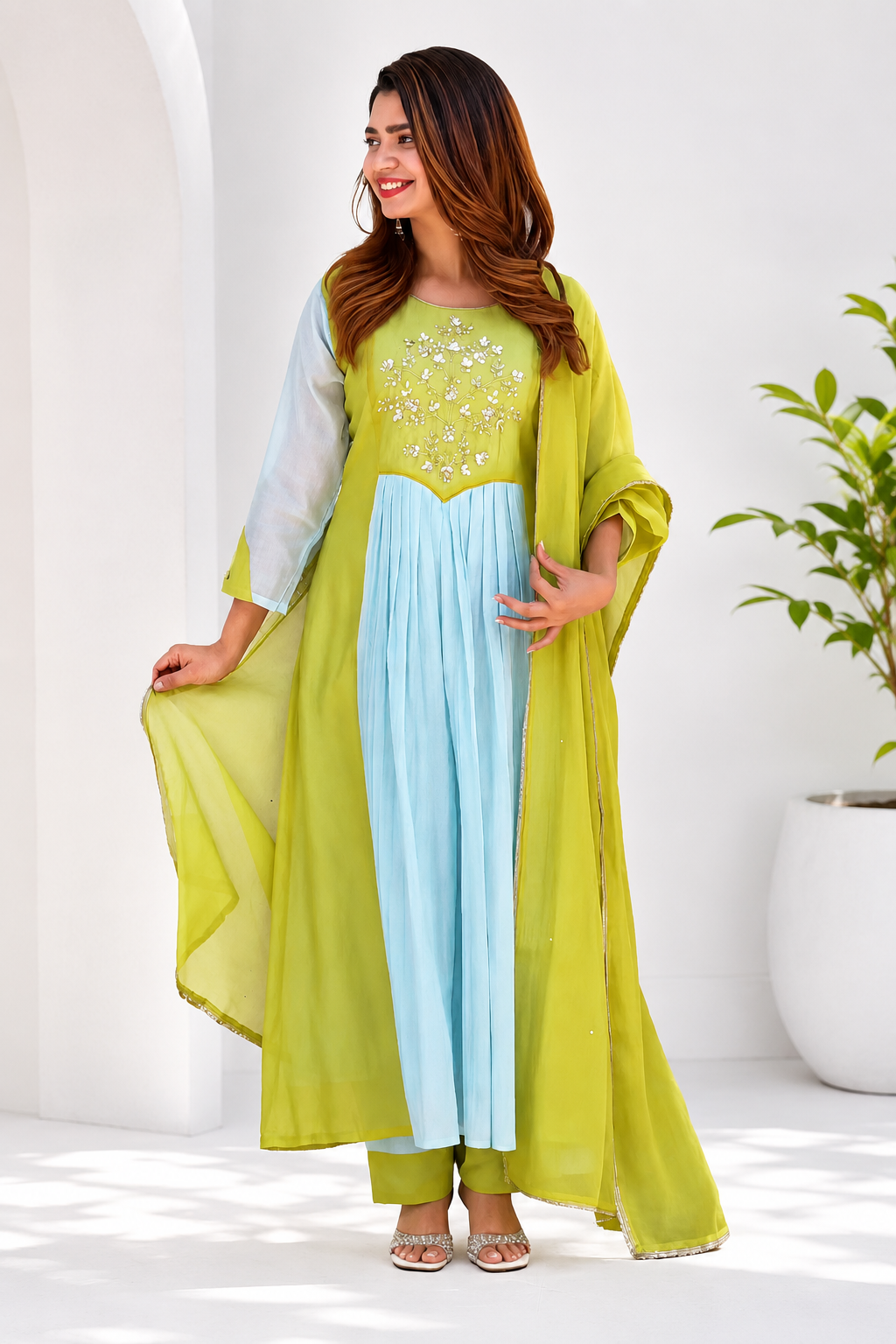 Designer Premium Lime Green & Pastel Blue Pure Mul Chanderi Embroidered Suit Set