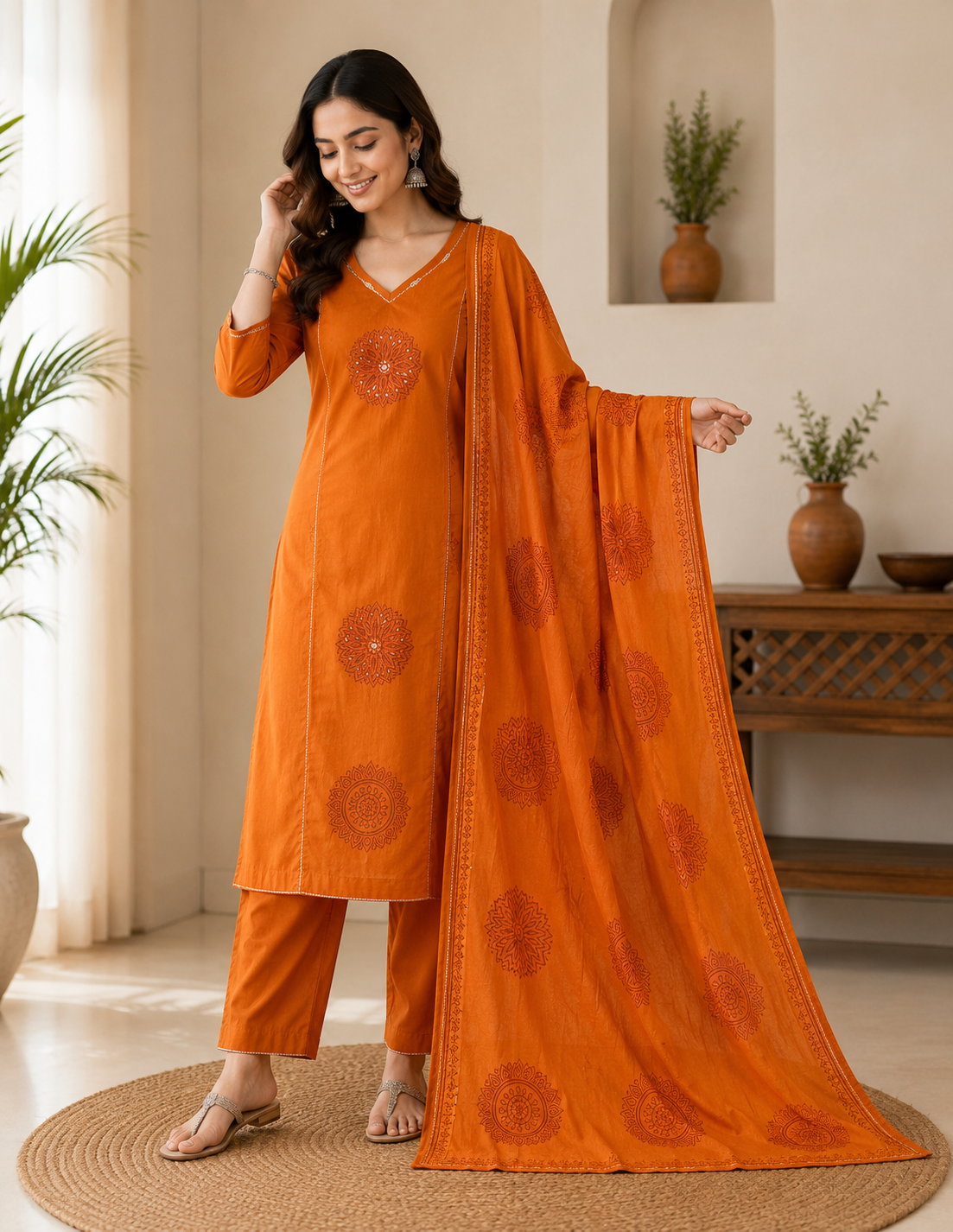 Premium Rust Orange Hand Block Print Pure Cotton Suit Set