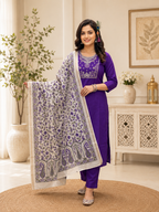 Premium Roman Silk Embroidered Suit Set with Kalamkari Dupatta