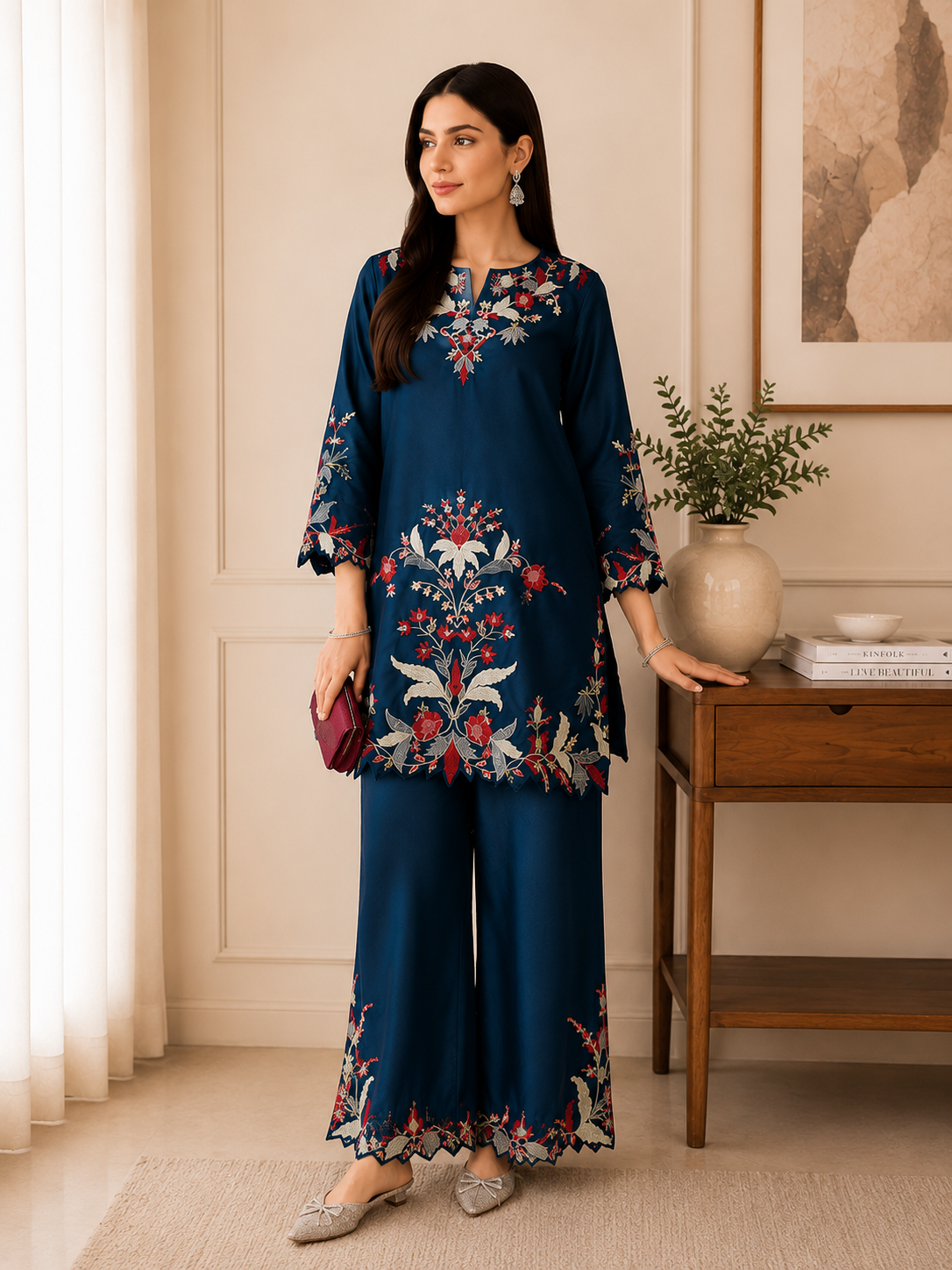 Premium Teal Blue French Crepe Embroidered Co-ord Set