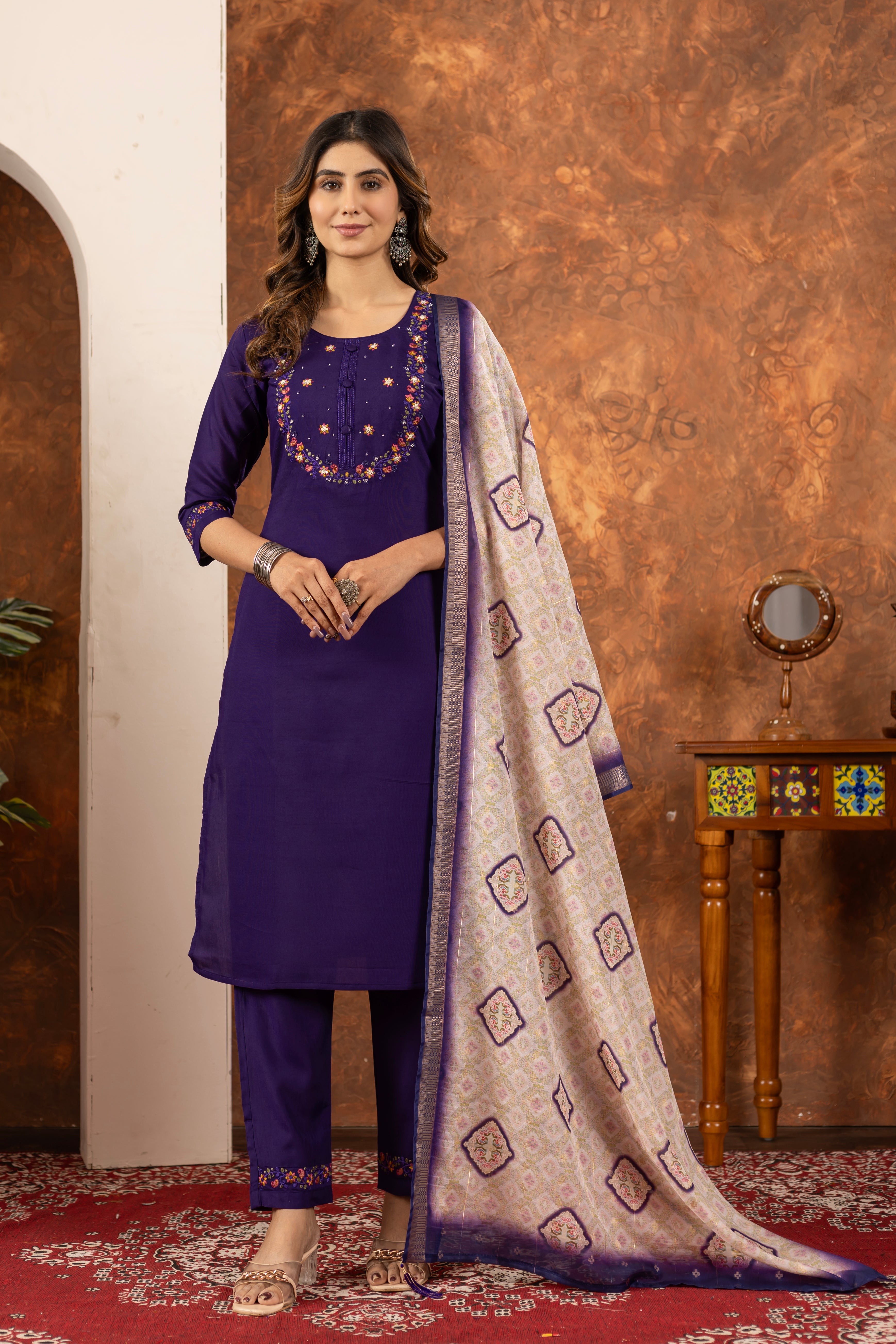 Designer Marina Silk Kurta Pant Dupatta Set