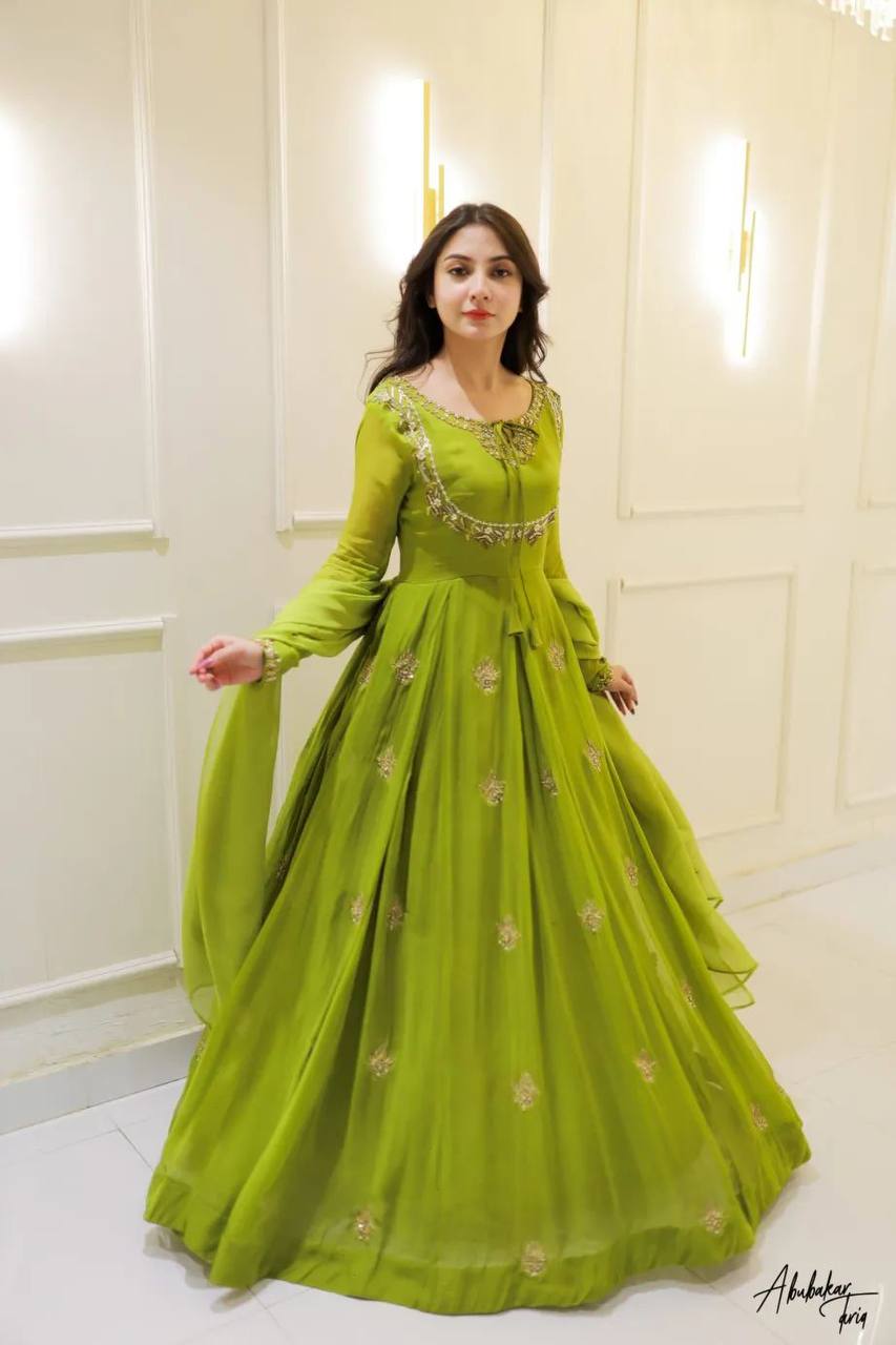Attractive Parrot Green Georgette Embroidery Anarkali Gown with Dupatta