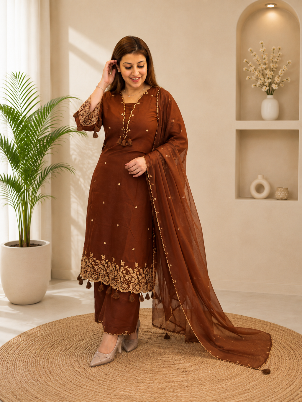 Festive Designer Brown Rayon Embroidery Straight Kurti Pants Set