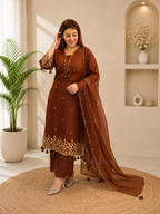Festive Designer Brown Rayon Embroidery Straight Kurti Pants Set