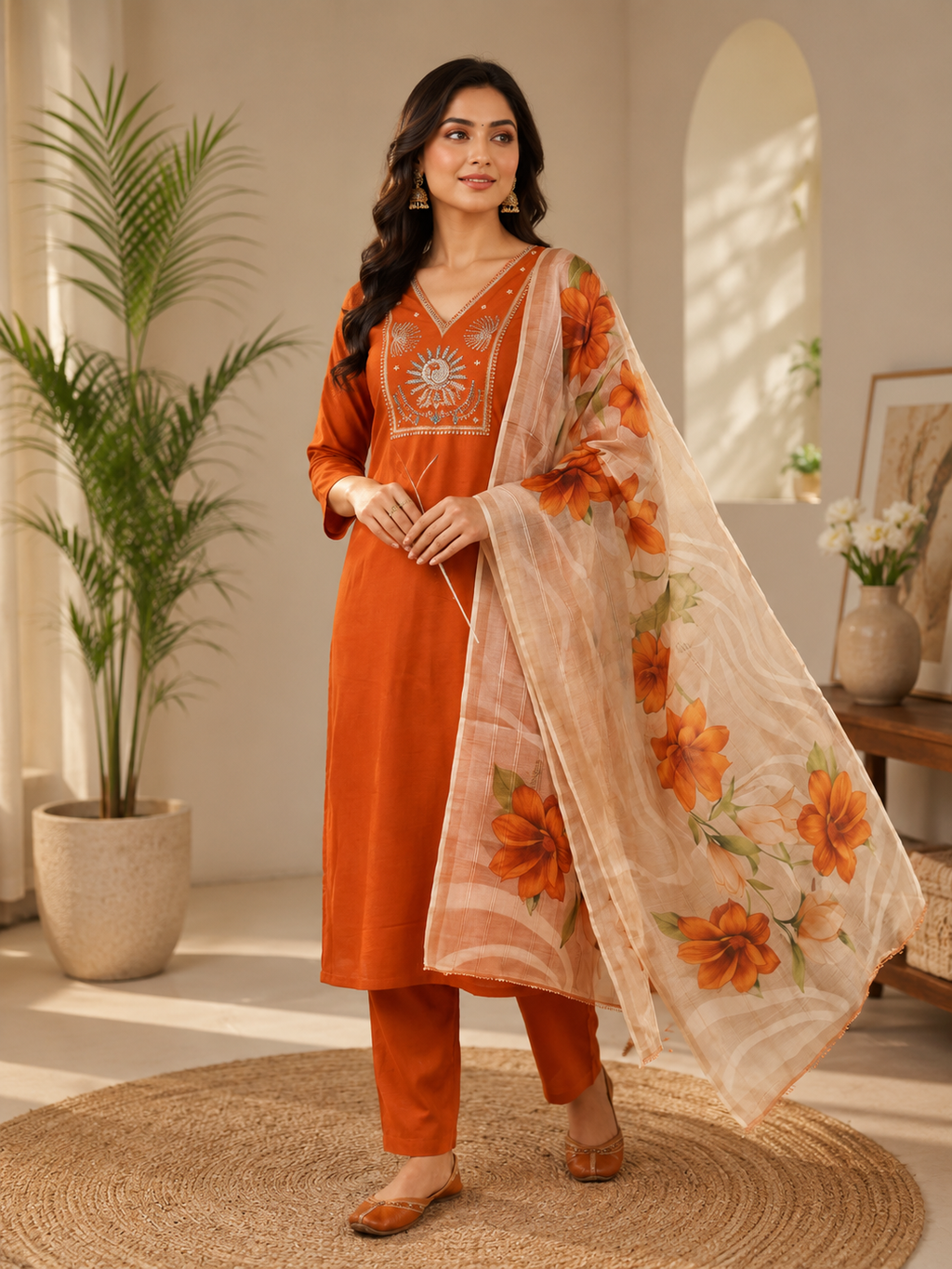 Elegant Rust Premium Roman Silk Embroidered Suit Set with Floral Dupatta