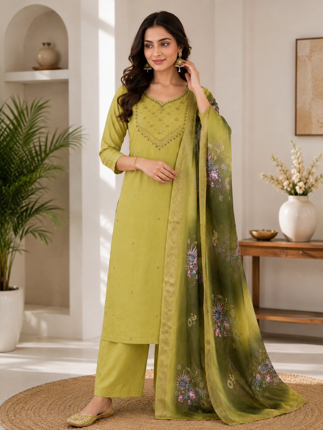 Very Beautiful Lime Green Handwork Premium Mul Chanderi Suit Set