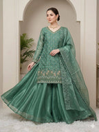 Pastel Green Fendy Silk Sharara Suit Set with Sequence Embroidery Work