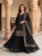 Elegant Black Embroidered Fendy Fabric Sharara Set with Sheer Dupatta