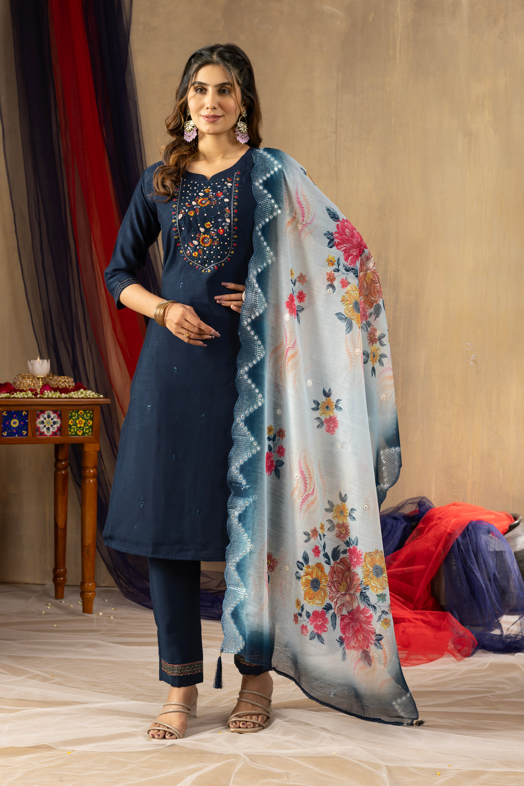 Premium Navy Blue Viscose Silk Multi Embroidered Suit Set