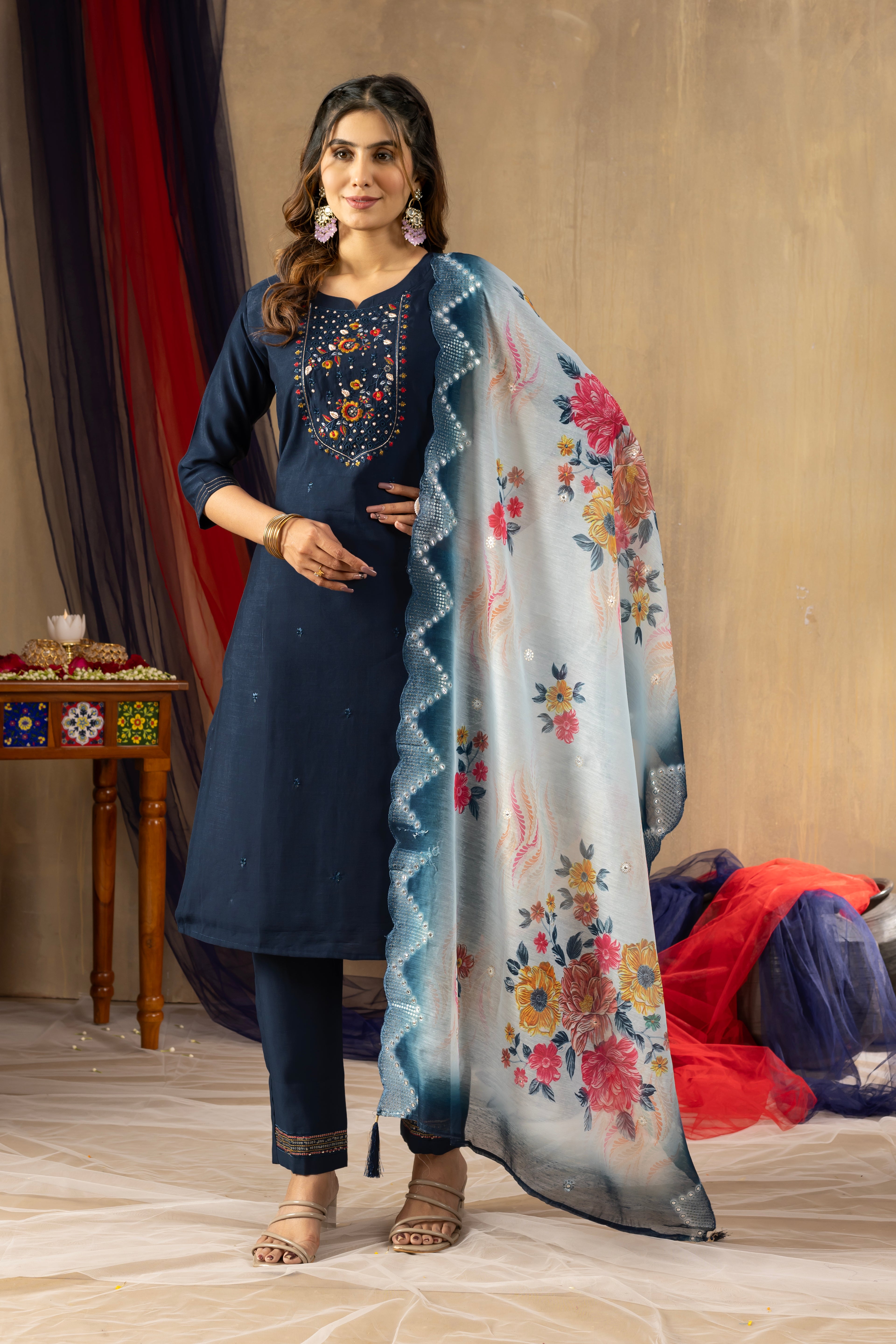 Premium Navy Blue Viscose Silk Multi Embroidered Suit Set