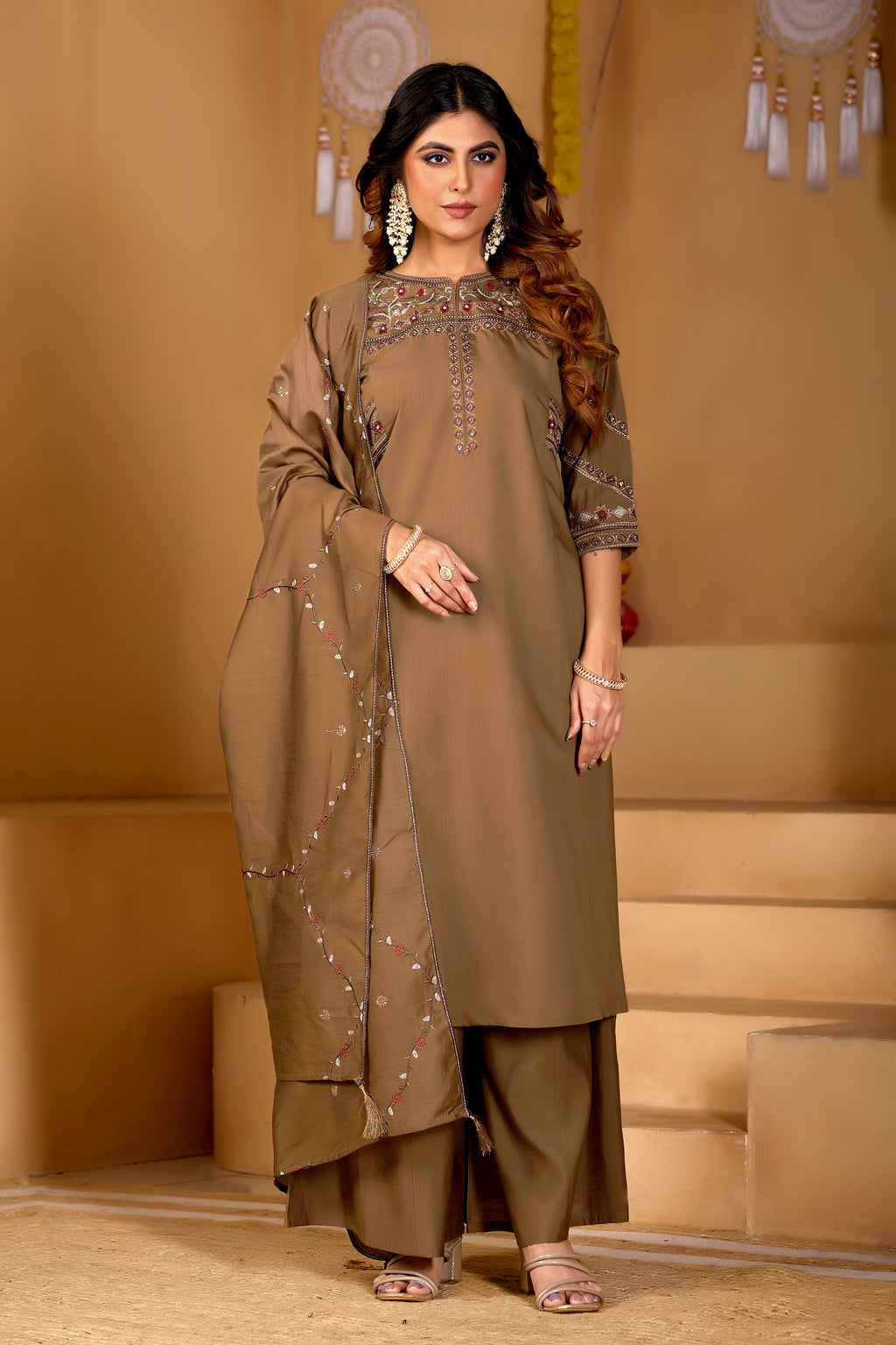 Beautiful Brown Viscose Mango Silk Anarkali Kurti Set