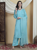 Elegant Sky Blue Rayon Embroidered Salwar Suit with Palazzo Pants